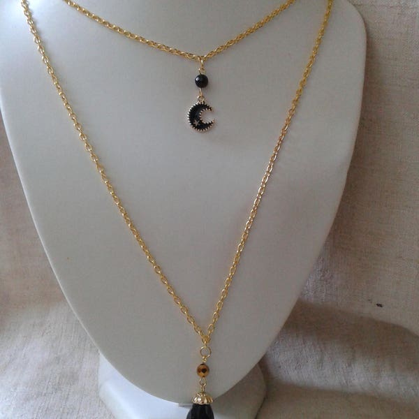 collier "lune et perles noires et dorées"