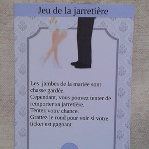 lot de 25 cartes à gratter "jeu de la jarretière", modèle mariès, personnalisables