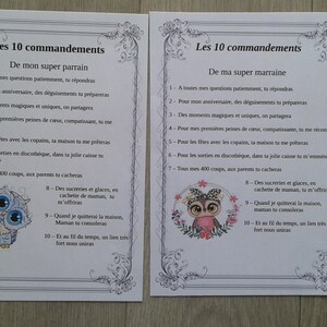 lot de 2 cartes "les 10 commandements du parrain et de la marraine", personnalisables