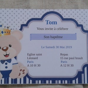 carte invitation "ourson garçon", de baptême, personnalisable