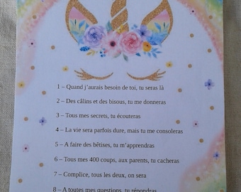 carte licorne "les 10 commandements de la super grande soeur", personnalisable