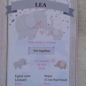 carte invitation "éléphant fille", de baptême
