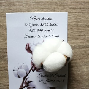 carte "noces de coton" avec une fleur de coton, 4 modèles au choix, personnalisable image 3