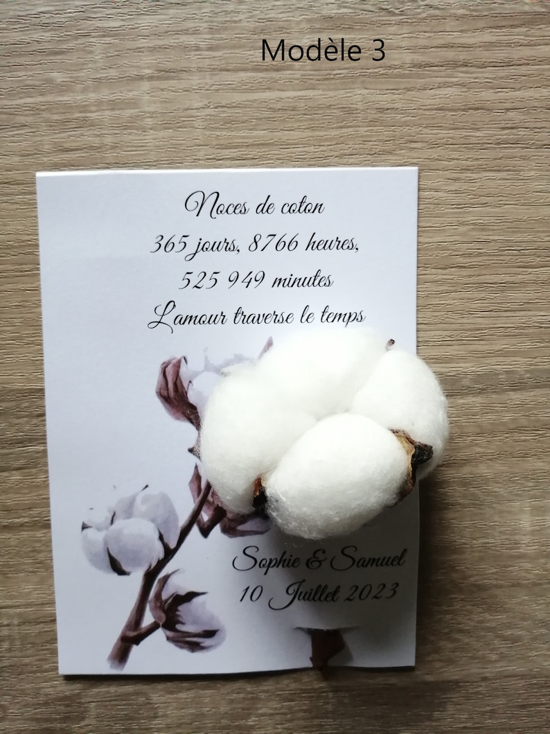 carte "noces de coton" avec une fleur de coton, 4 modèles au choix, personnalisable image 3