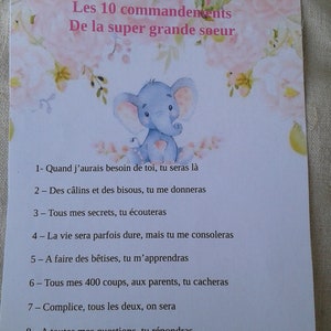 carte éléphant "les 10 commandements de la super grande soeur", personnalisable
