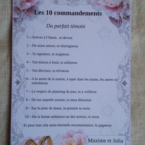 lot de 2 cartes identiques, roses, "les 10 commandements du témoin", personnalisables