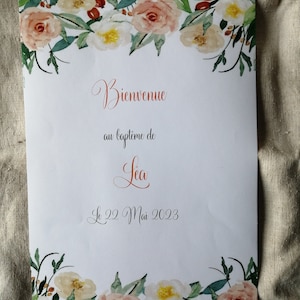 affiche de bienvenue pour un  baptême, personnalisable, 6 modèles au choix