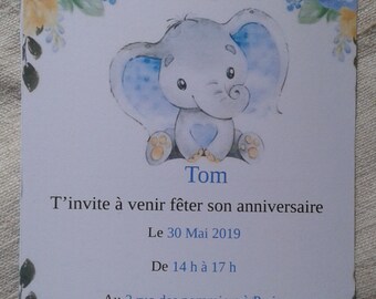 cartão de convite de aniversário, modelo menino elefante, personalizável