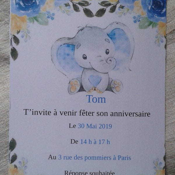 carte invitation anniversaire, modèle  éléphant garçon, personnalisable