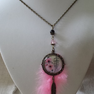 necklace &quot;Feather and pink flowers&quot;