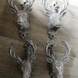 Può includere: Quattro ganci da parete in metallo grigio anticato a forma di testa di cervo. Ogni gancio presenta corna dettagliate e un accento decorativo a giglio. I ganci sono montati su una superficie di legno.