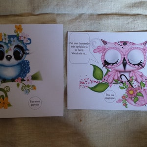 lot de 2 cartes à gratter chouette "demande parrain et marraine", personnalisables