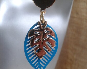 pendientes uñas "hojas azules y doradas"