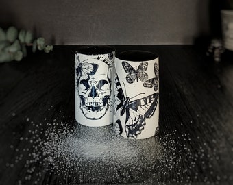 Skull Butterfly Set, Salt Pepper Shaker, Gothic Shakers, Kitchen Pots, Weird and Wonderful, Goth Skulls, Hand Painted Emo, Ceramic Home Gift