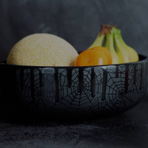 Matte Black Web, Round Fruit Bowl, Satin Salad Dishes, Gloss Effect Finish, Large Pasta Dish, Unique Kitchen, Gothic Gift, Weird Wonderful