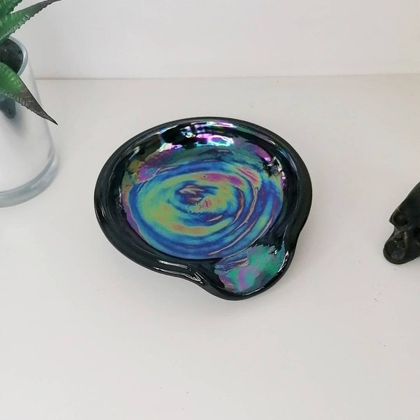 Spoon Rest Petrol Effect, Oil Slick, Large Spoons Holder, Kitchen Utensil, Black Iridescent Ceramic, Holographic Pearlescent, Colourful Dark