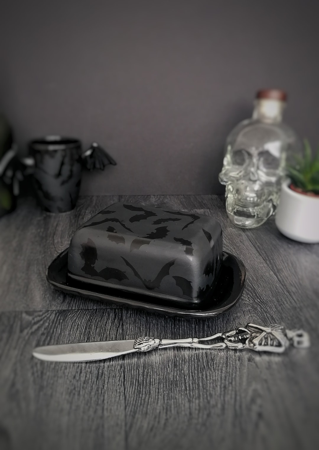 Bat Butter Dish, Bats Dome Plate, Matte Black, Gothic Gift, Creepy
