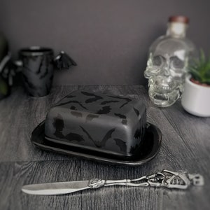 Bat Butter Dish, Bats dome plate, Matte Black, Gothic Gift, Creepy dishes, Halloween homeware, Hand painted ceramic, Unique Kitchen Design