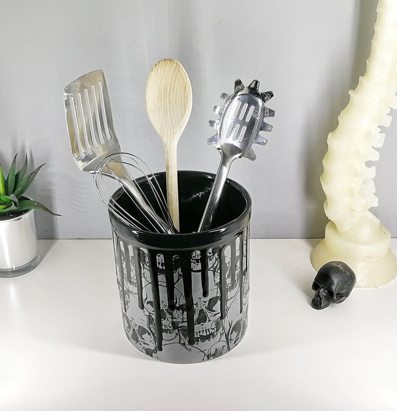 Skull Utensil Holder Grey Kitchen Pot Gothic Homeware Etsy