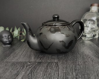 Matte Black Bat Teapot, Gloss Tea Pot, Bats Gloss Kettle, Gothic Gift, Unique Kitchen Present, Weird Wonderful Goth, Hand Painted Ceramic