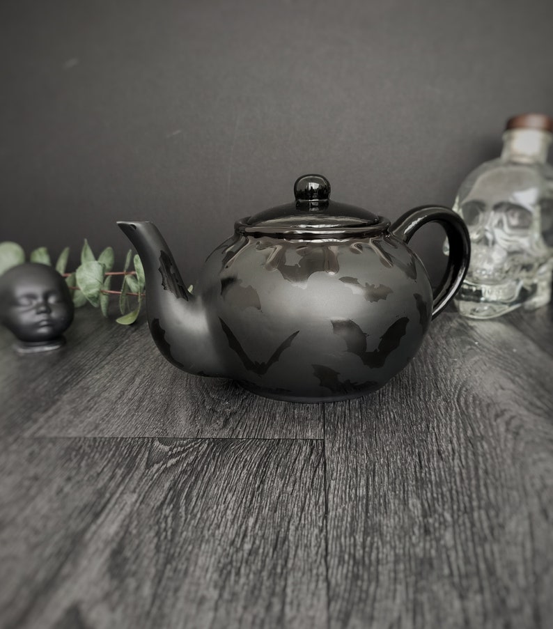 Matte Black Bat Teapot, Gloss Tea Pot, Bats Gloss Kettle, Gothic Gift, Unique Kitchen Present, Weird Wonderful Goth, Hand Painted Ceramic image 1