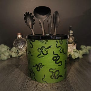 Green Snake Utensil, Kitchen Utensils Holder, Kitchen Pot Emo, Gothic Home, Serpent Storage Pot, Hand Painted Ceramic, Black Weird Wonderful
