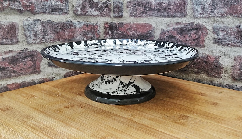 Skull cake stand Hand painted ceramic Pedestal Gothic gift Large plate Skulls base and plate Pizza platter weird and wonderful