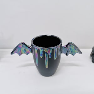 Lustre Wing Mug, Bat Wings Cup, Pearlescent Drip Wings, Kitchenware Ceramic, Gothic Gift Mugs, Oil Slick Winged Handle, Weird and Wonderful