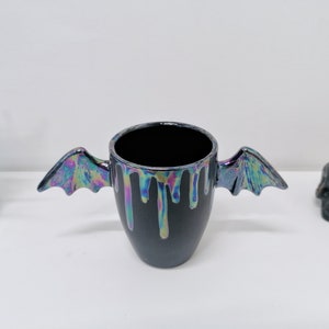 Lustre Wing Mug, Bat Wings Cup, Pearlescent Drip Wings, Kitchenware Ceramic, Gothic Gift Mugs, Oil Slick Winged Handle, Weird and Wonderful