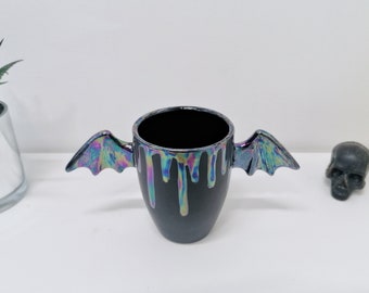 Lustre Wing Mug, Bat Wings Cup, Pearlescent Drip Wings, Kitchenware Ceramic, Gothic Gift Mugs, Oil Slick Winged Handle, Weird and Wonderful