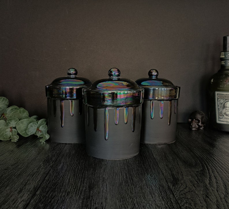 unusual tea coffee sugar jars oil slick drip