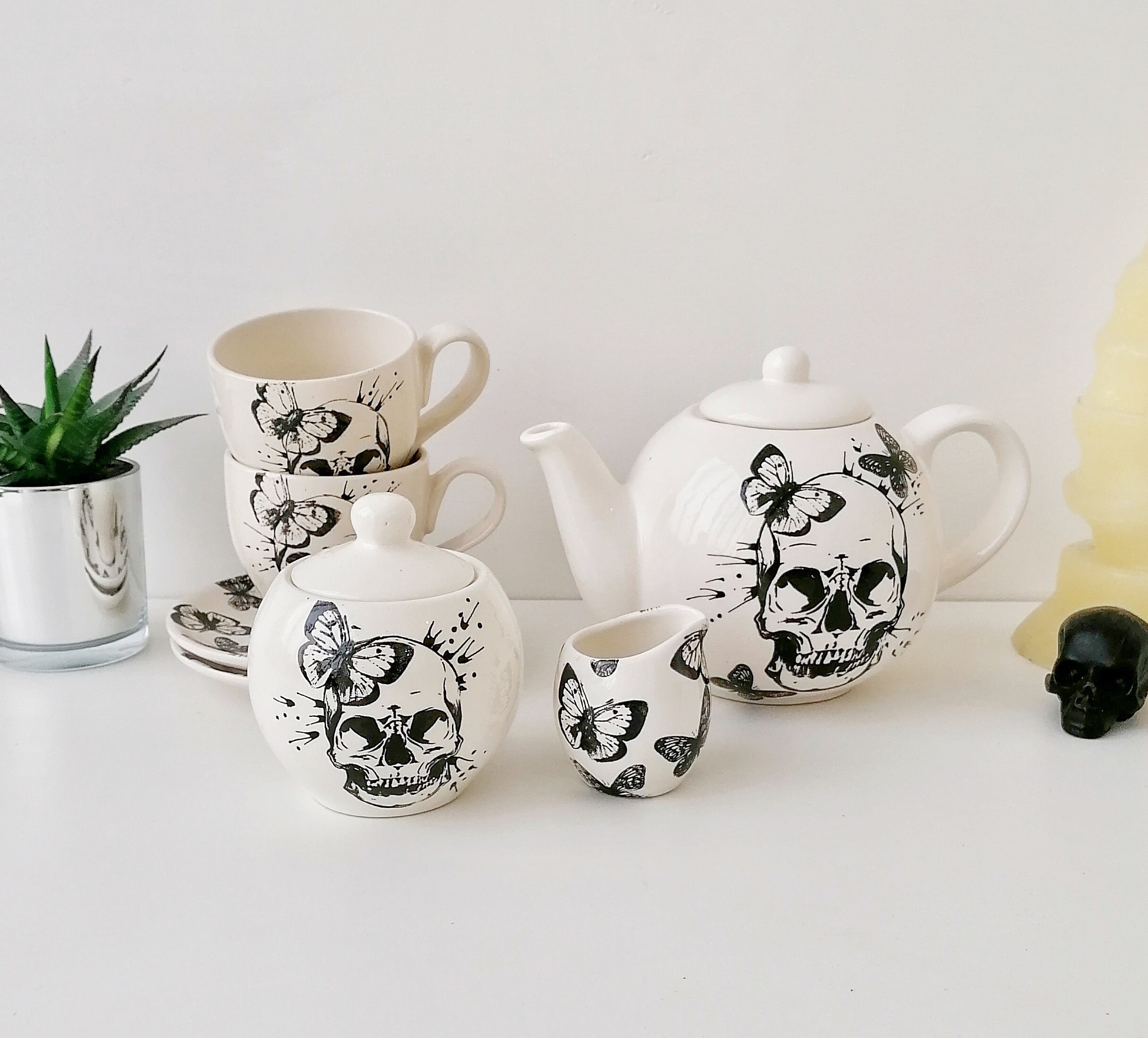 Gothic Tea Set Skull and Butterfly Ceramic Teaset Goth Cup Etsy