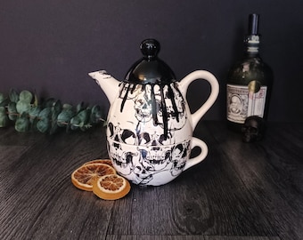 6 Piece Black Bat Tea Set Ceramic Halloween Decor Goth Pottery Bats Teacup  Teapot Tea Cup Tea Pot OOAK 