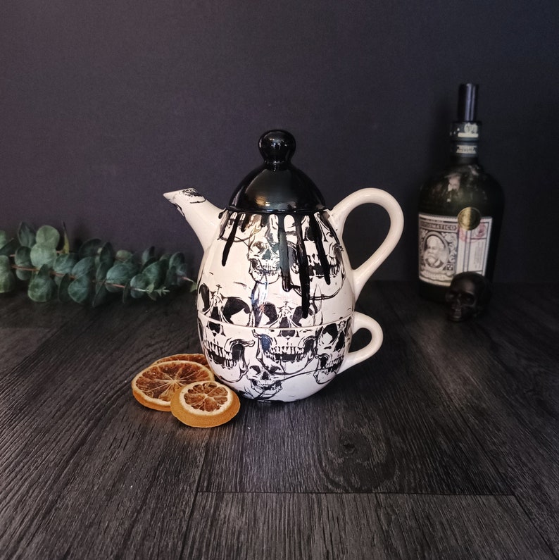 Skull goth teapot, Individual tea pot, unique tea kettle, Black Caldron, tea-pot with skulls, tea lover, xmas present gift, gothic tea leaf image 1