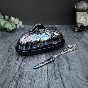 Oil Slick Pumpkin, Rainbow Butter Dish, Iridescent Pearlescent, Thanksgiving Server, Halloween, Goth Home, Gothic gift, Samhain Harvest