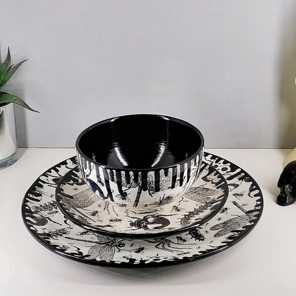 Bug Dinner Set, Gothic Lunch Service, Alternative Coupe Plate, Goth Black Bowl, Hand Painted Ceramic, Unique Bugs Present, Weird Wonderful