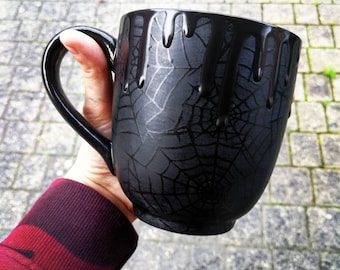 Matte Black Web Mug, Large Mugs, Gothic Spiderweb Cup, Tea Coffee Lover, Xmas Present, Unique Gift Ceramic, Macabre Death Dark, Mega Mug