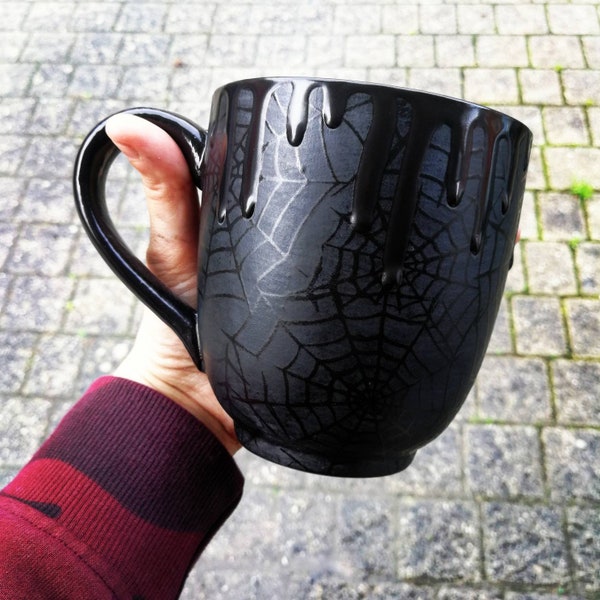 Matte Black Web Mug, Large Mugs, Gothic Spiderweb Cup, Tea Coffee Lover, Xmas Present, Unique Gift Ceramic, Macabre Death Dark, Mega Mug