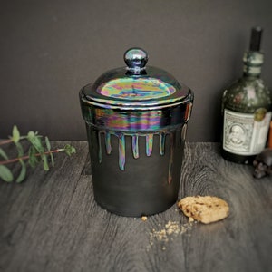 Rainbow Drip Cookie Jar, Oil Slick Canister, Biscuit Barrel, Kitchen Storage Jar, Holographic Pot, Iridescent Lidded Crock, Weird Wonderful