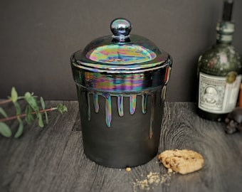 Rainbow Drip Cookie Jar, Oil Slick Canister, Biscuit Barrel, Kitchen Storage Jar, Holographic Pot, Iridescent Lidded Crock, Weird Wonderful