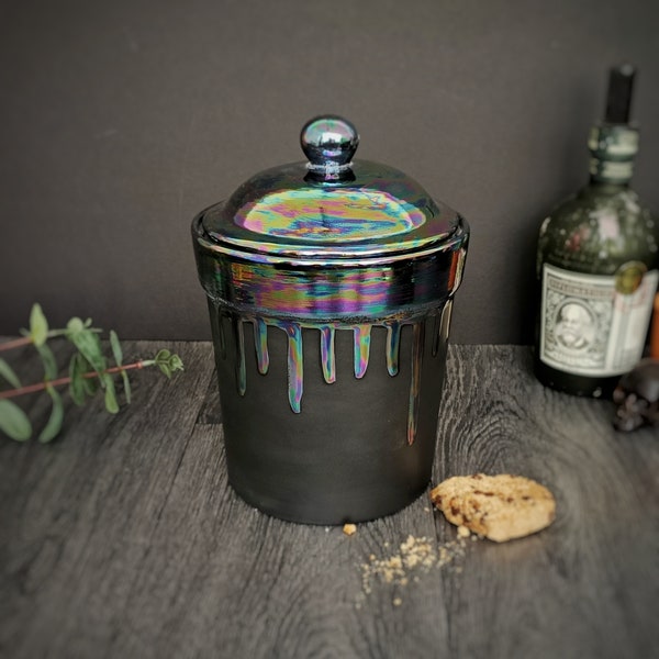 Rainbow Drip Cookie Jar, Oil Slick Canister, Biscuit Barrel, Keukenopslagpot, Holografische Pot, Iriserende Lidded Crock, Weird Wonderful