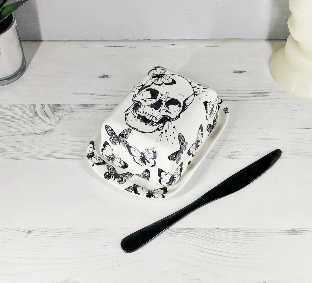 Butter Dish, Skull and Butterfly, Skulls Dome Plate, Black White