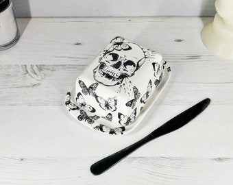 Butter Dish, Skull  and Butterfly, Skulls dome plate, Black White, Gothic Gift, Creepy dishes, homeware, Hand painted ceramic, Unique Design