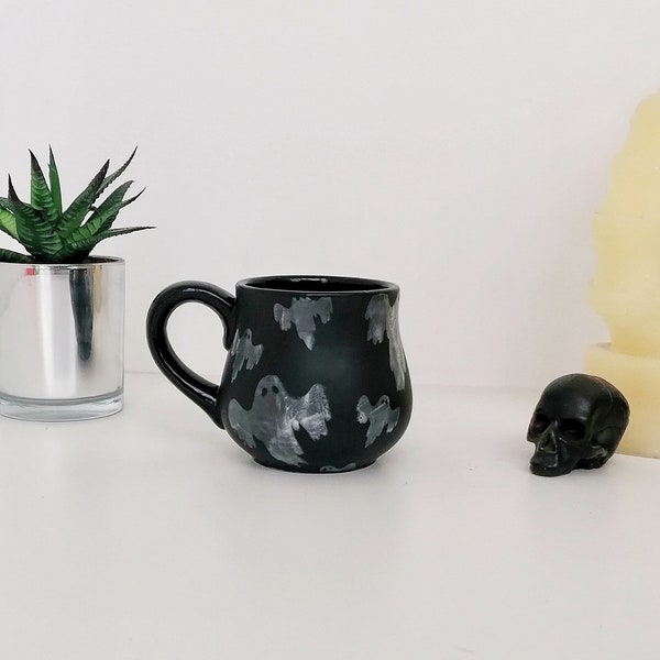 Ghost Bulgy Mug, Matte Black Mugs, Mottled White Ghosts, Spooky Cup, Hand Painted Ceramic, Unique Gothic Mugs, Goth Gift, Weird Wonderful