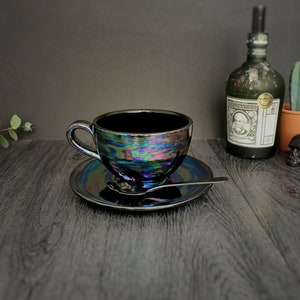 Oil Slick Cappuccino, Petrol Effect Cup, Iridescent Saucer, Coffee Mug, Tea Lover Gift, Hand Painted Ceramic, Xmas Gift, Weird Wonderful