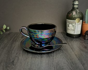 Oil Slick Cappuccino, Petrol Effect Cup, Iridescent Saucer, Coffee Mug, Tea Lover Gift, Hand Painted Ceramic, Xmas Gift, Weird Wonderful