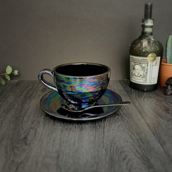 Capuchino con efecto petróleo, taza iridiscente, taza de café, regalo para amantes del té, cerámica pintada a mano, regalo de Navidad, raro y maravilloso.