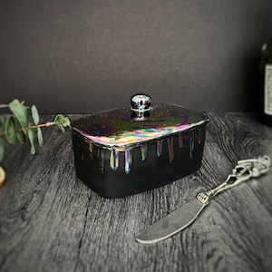 Oil Slick Butter Bowl, Petrol Effect Butter Dish, Iridescent Homeware, Holographic Gift, Rainbow Drip, Lustre Ceramic, Unique Kitchen Design