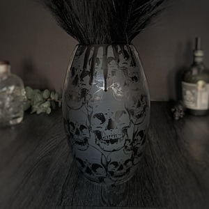 Black Skulls Tall Vase, Large Hand-Painted Gothic Ceramic, Home Decor Flowers