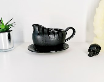 Matte Gravy Boat, Matt Black Webs, Large Gravy Dish, Kitchenware and Homeware, Dinner service, Spiderweb Table Decoration, Custard and Cream